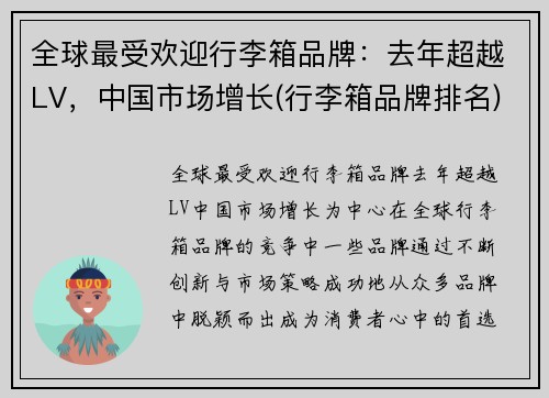 全球最受欢迎行李箱品牌：去年超越LV，中国市场增长(行李箱品牌排名)